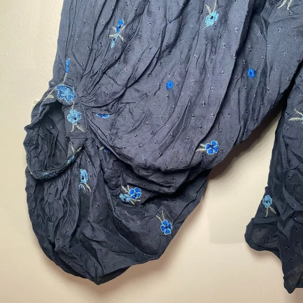 NWT Free People Navy Blue Floral Embroidered Beaded Flowy Blouse Women's Small